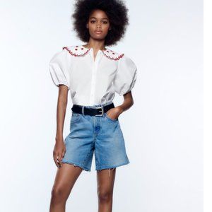 ZARA EMBROIDERED POPLIN TOP  WHITE EUC Sz M